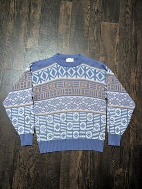 Vintage The Men's Store At Sears Sweater Medium Blue Geometric Knit USA 80s 90s